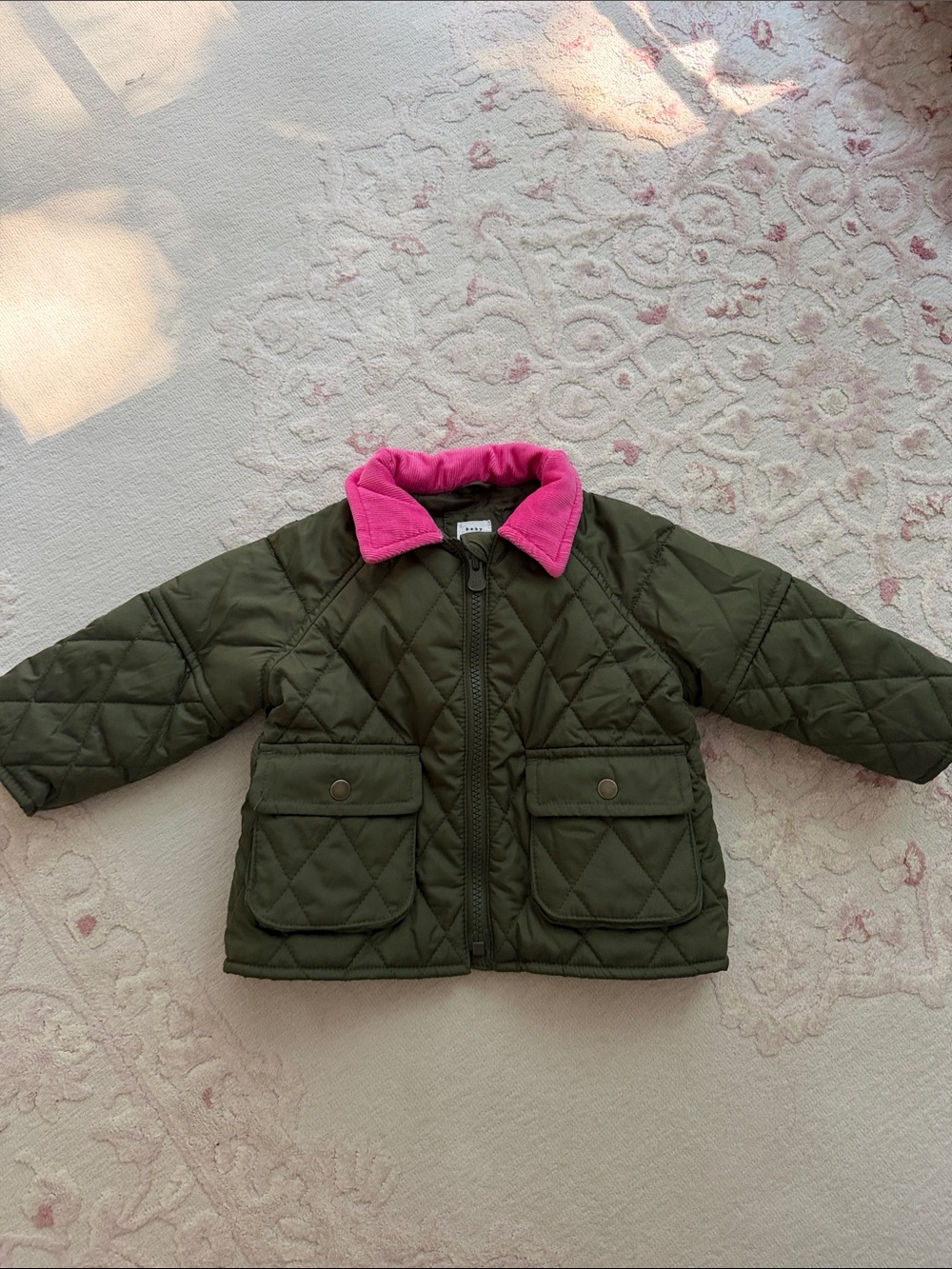 Baby Gap Quilted Jacket / Barn Coat with Pink Collar - Olive Green